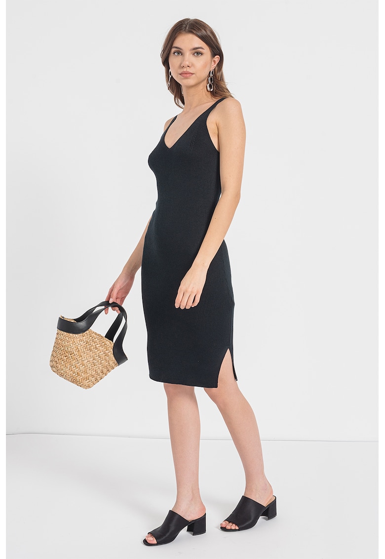 Rochie striata cu croiala bodycon si slit lateral - Negru