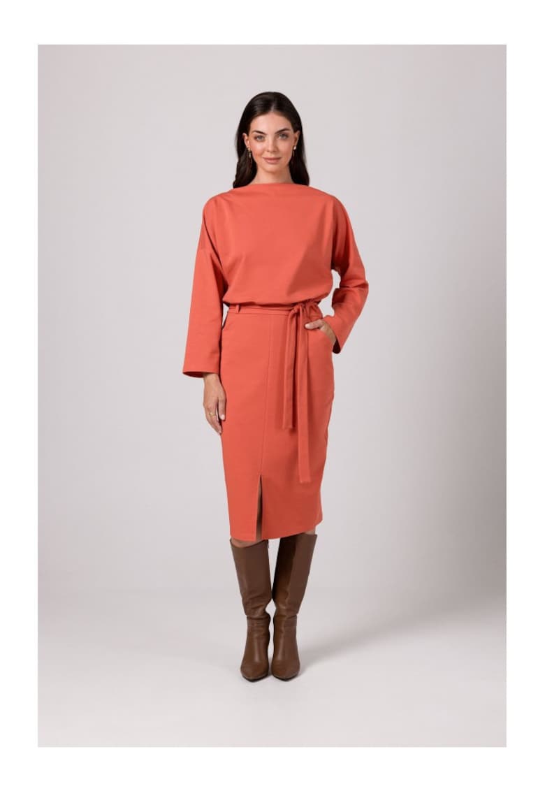 Rochie tip creion midi cu brau - - Rosu