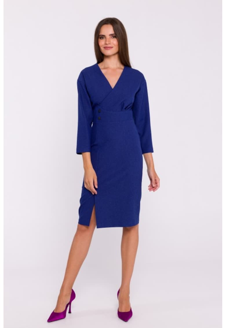 Rochie tip creion midi cu nasturi decorativi - Albastru -