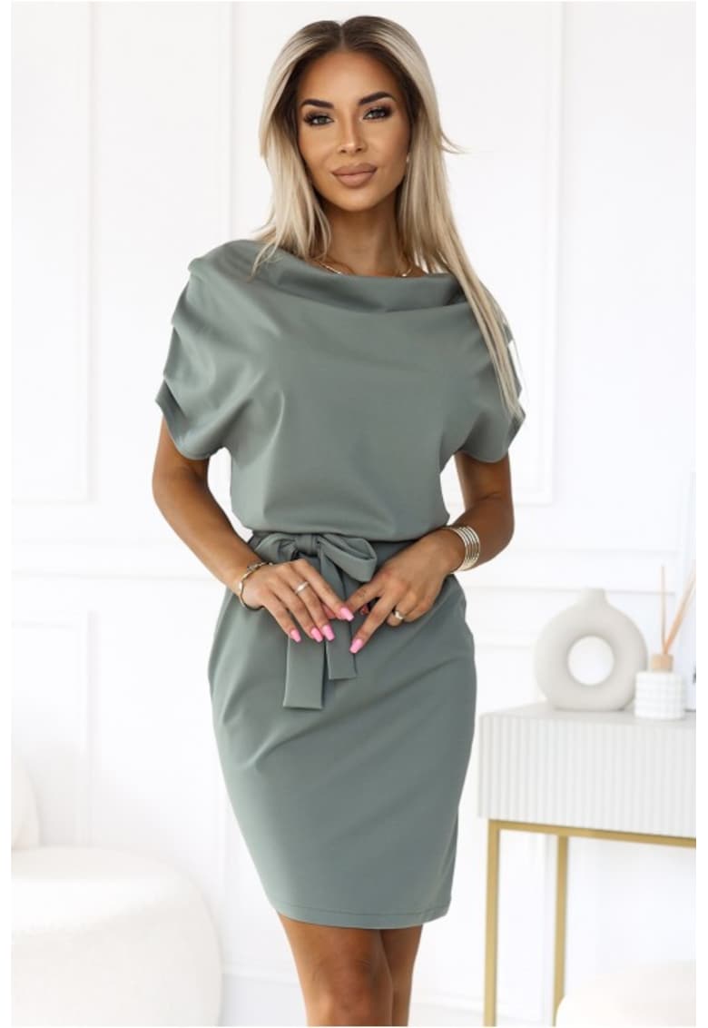 Rochie tricotata cu cordon in talie - - Verde deschis