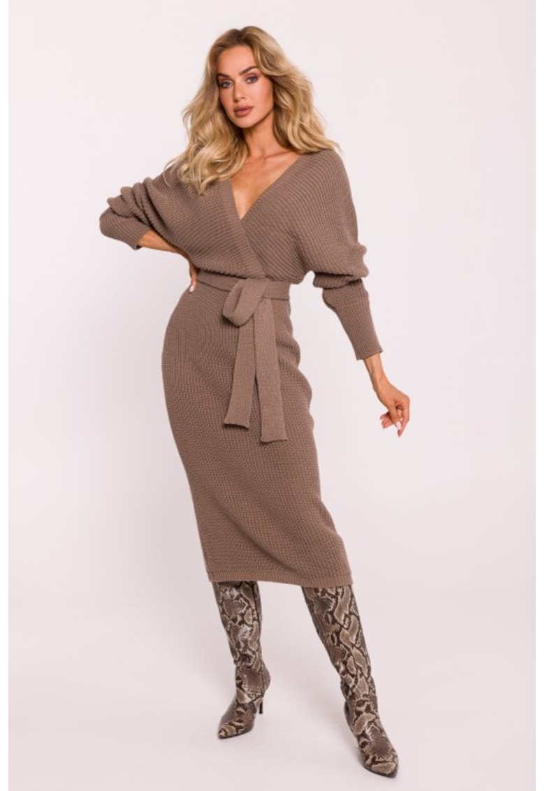 Rochie tricotata cu decolteu tip furou si curea - Bej inchis -