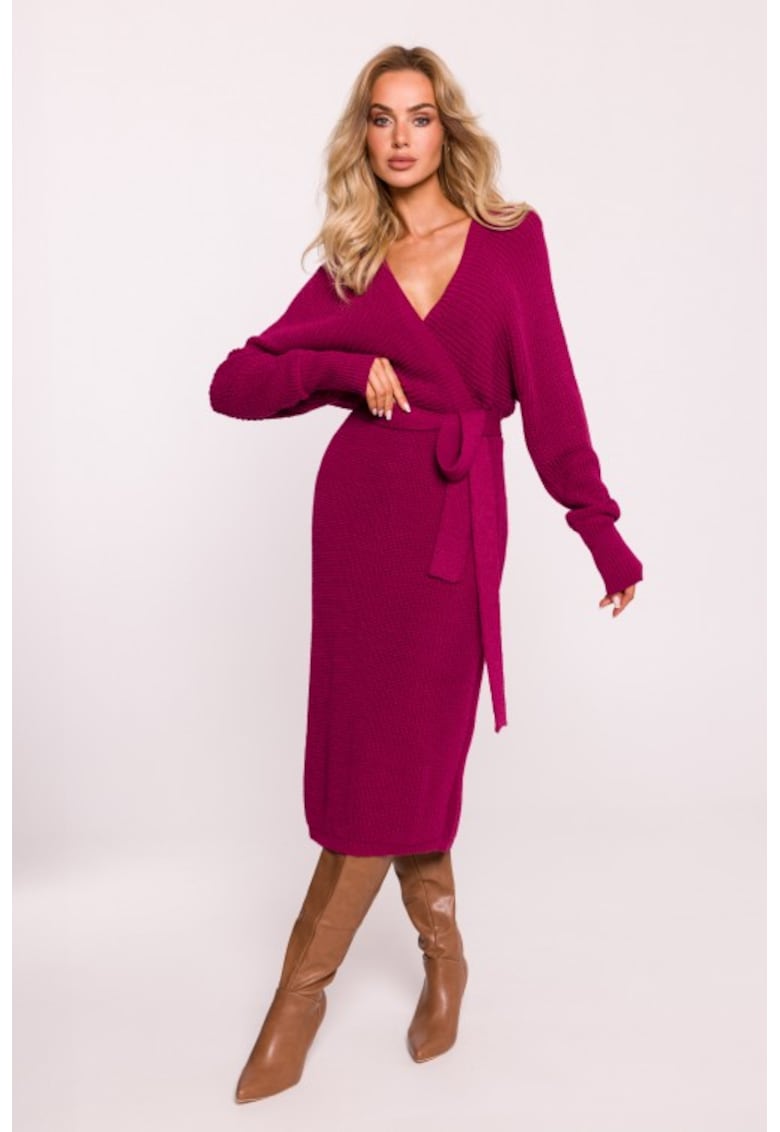 Rochie tricotata cu decolteu tip furou si curea - Roz -