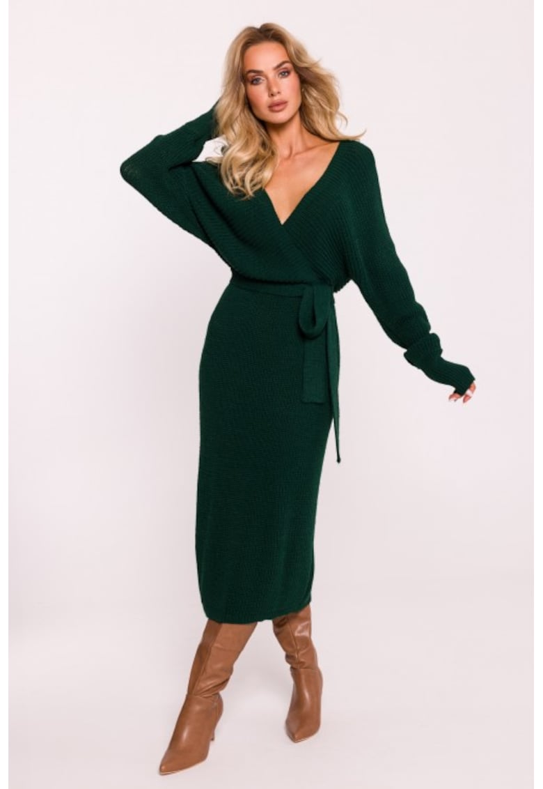 Rochie tricotata cu decolteu tip furou si curea - Verde -