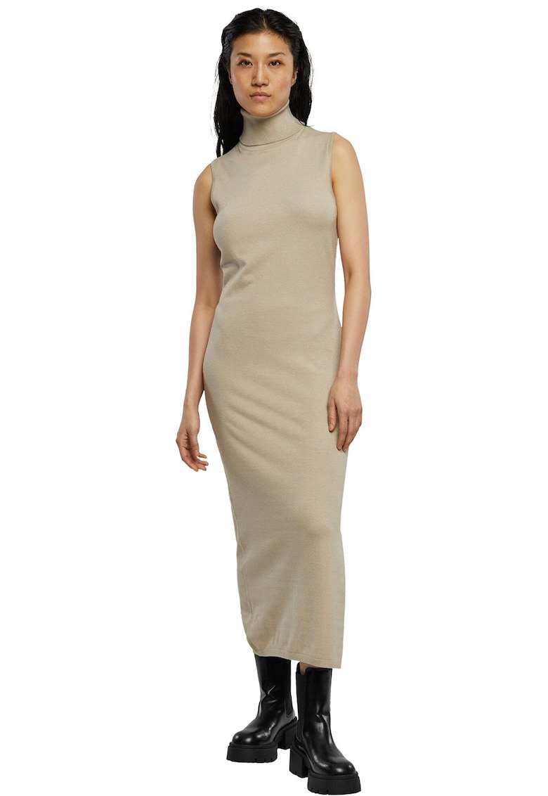 Rochie tricotata cu guler inalt - Gri deschis