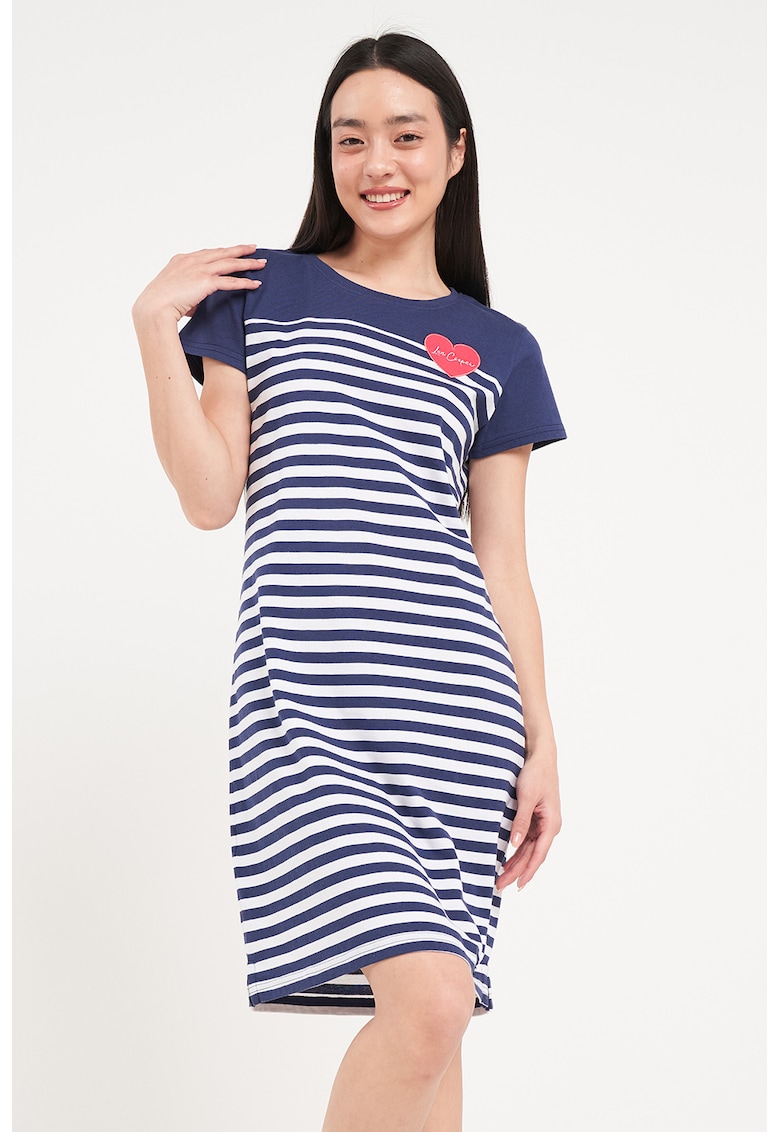 Rochie-tricou cu dungi - Alb/Coral/Bleumarin
